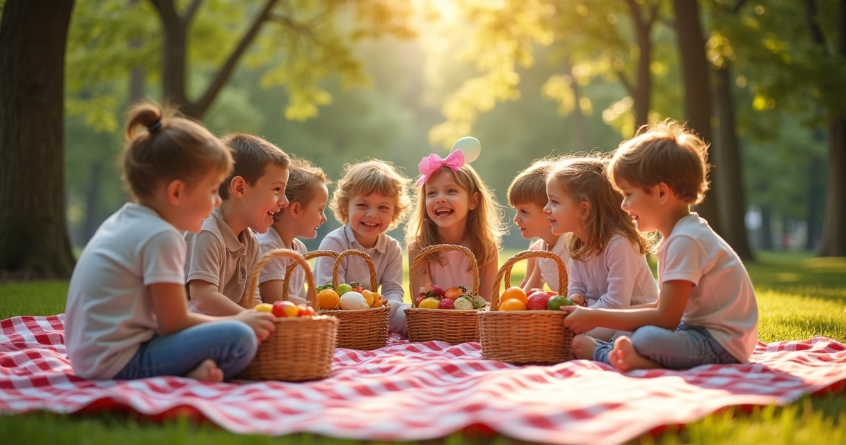 Crianças em festa com tema piquenique ao ar livre, sentadas em toalha colorida, com cesta de frutas 