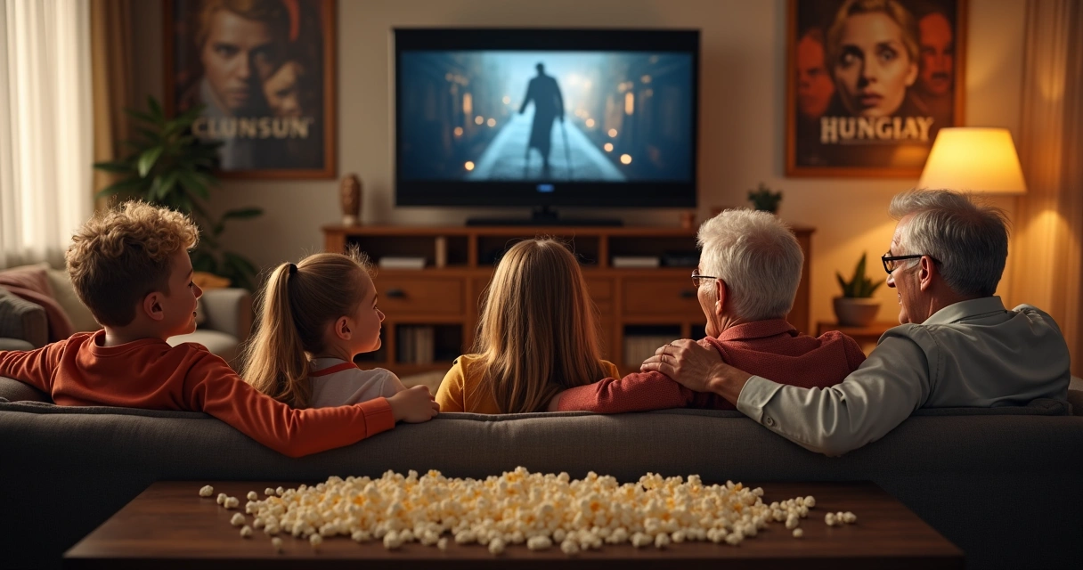 Crianças assistindo a filmes clássicos em uma sala de estar, sorrindo e interagindo com adultos ao lado.