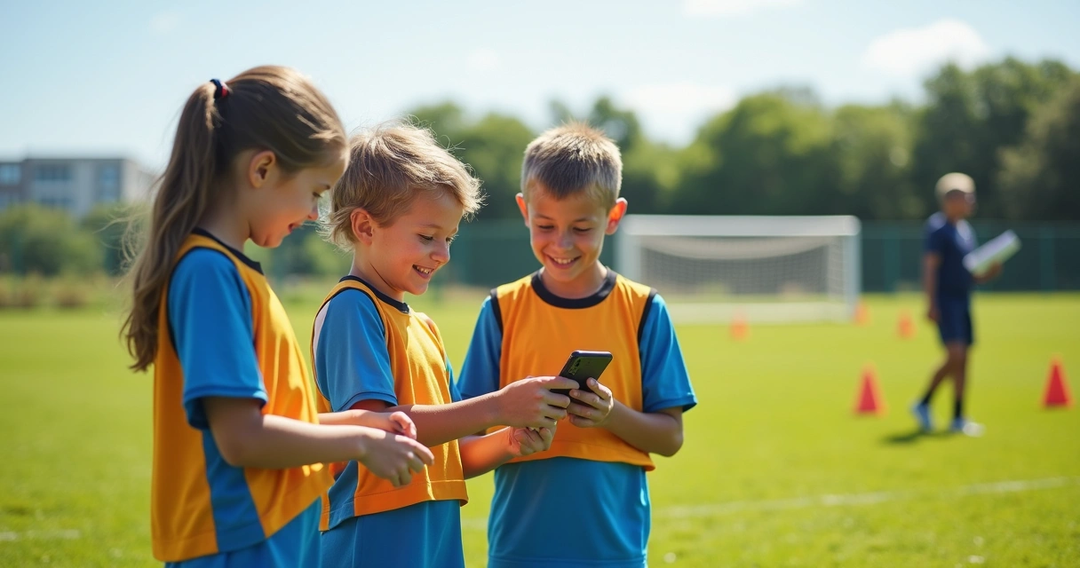 Crianças em campo usando celular na escola de futebol