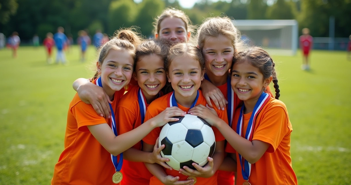 Crianças sorrindo no campo de futebol, comemorando juntos 