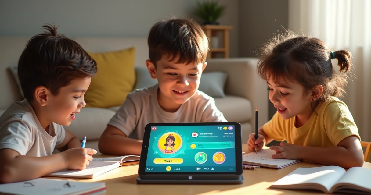 Crianças de 6 a 12 anos estudando em mesa com jogo digital cheio de recompensas 