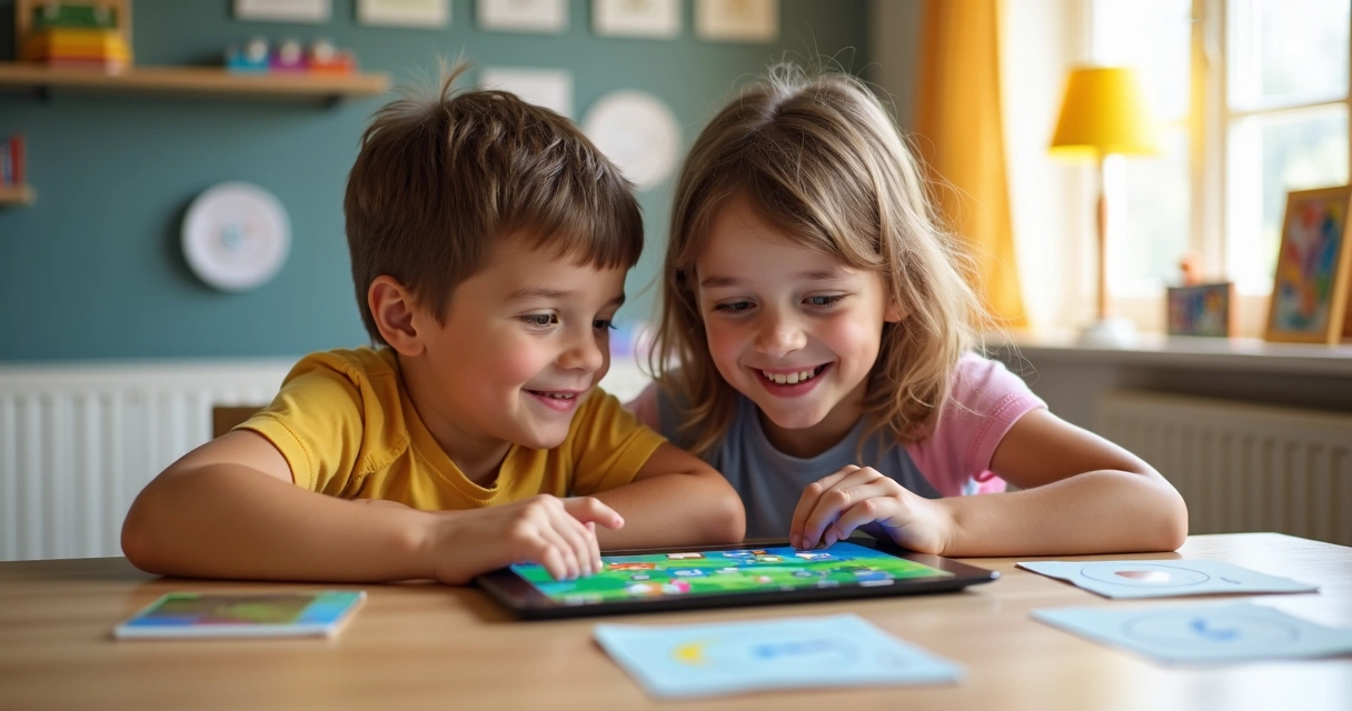 Crianças usando tablet para atividades gamificadas 