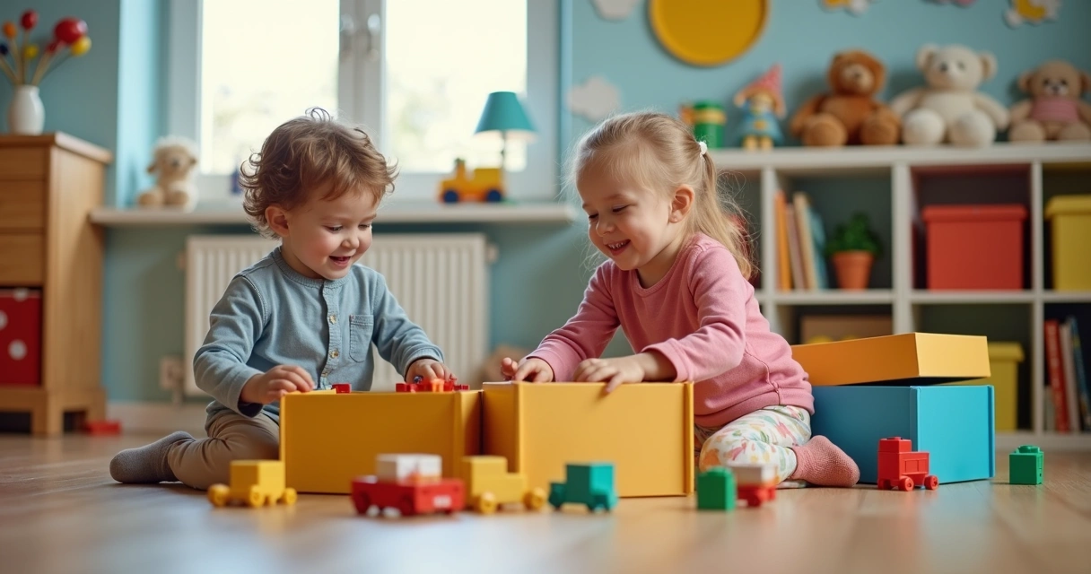 Crianças pequenas colocando brinquedos em caixas em um quarto arrumado 