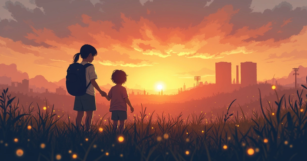 Crianças em campo com vaga-lumes ao fundo 