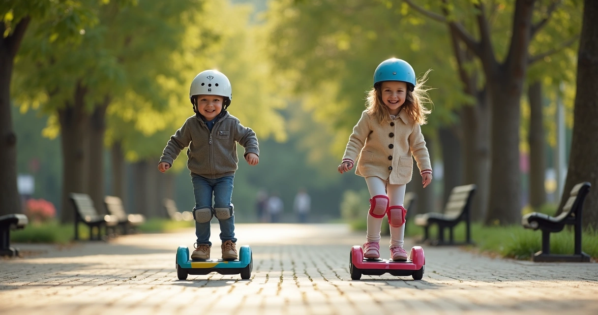 Duas crianças usando hoverboard no parque 