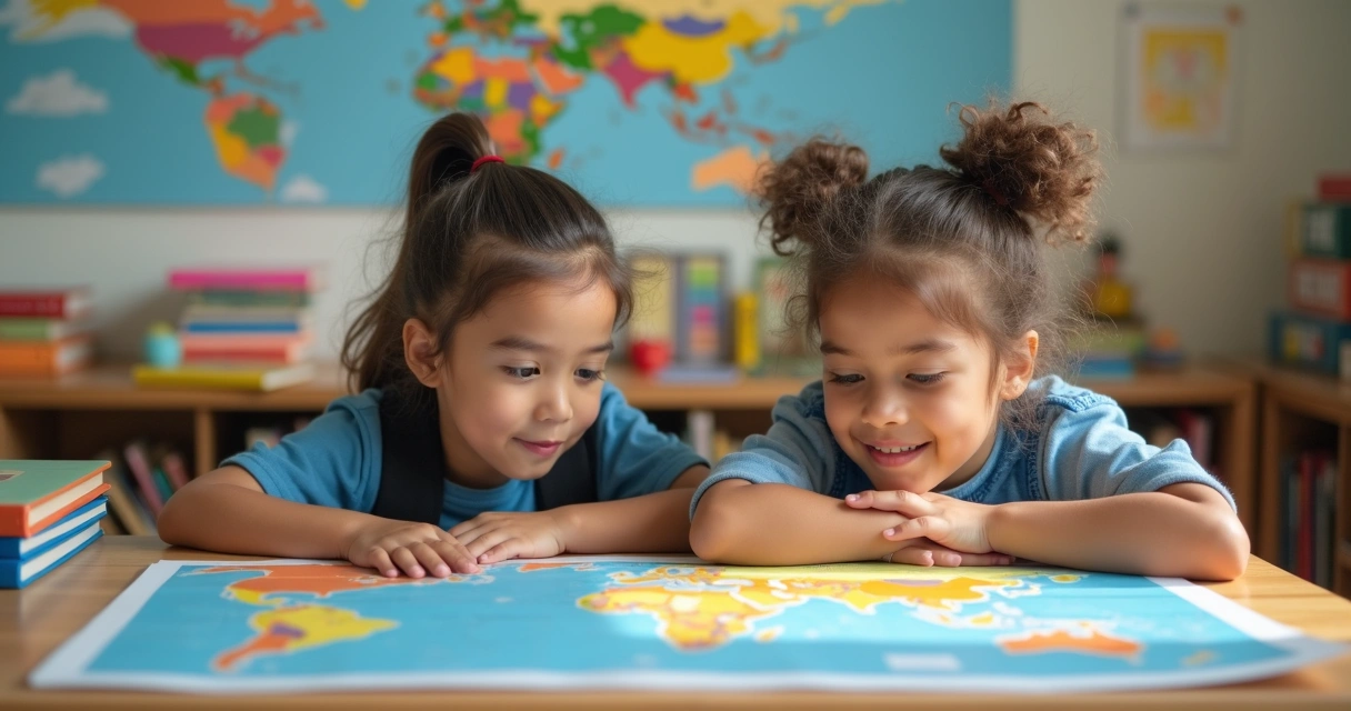 Crianças com livros e objetos culturais em ambiente escolar 