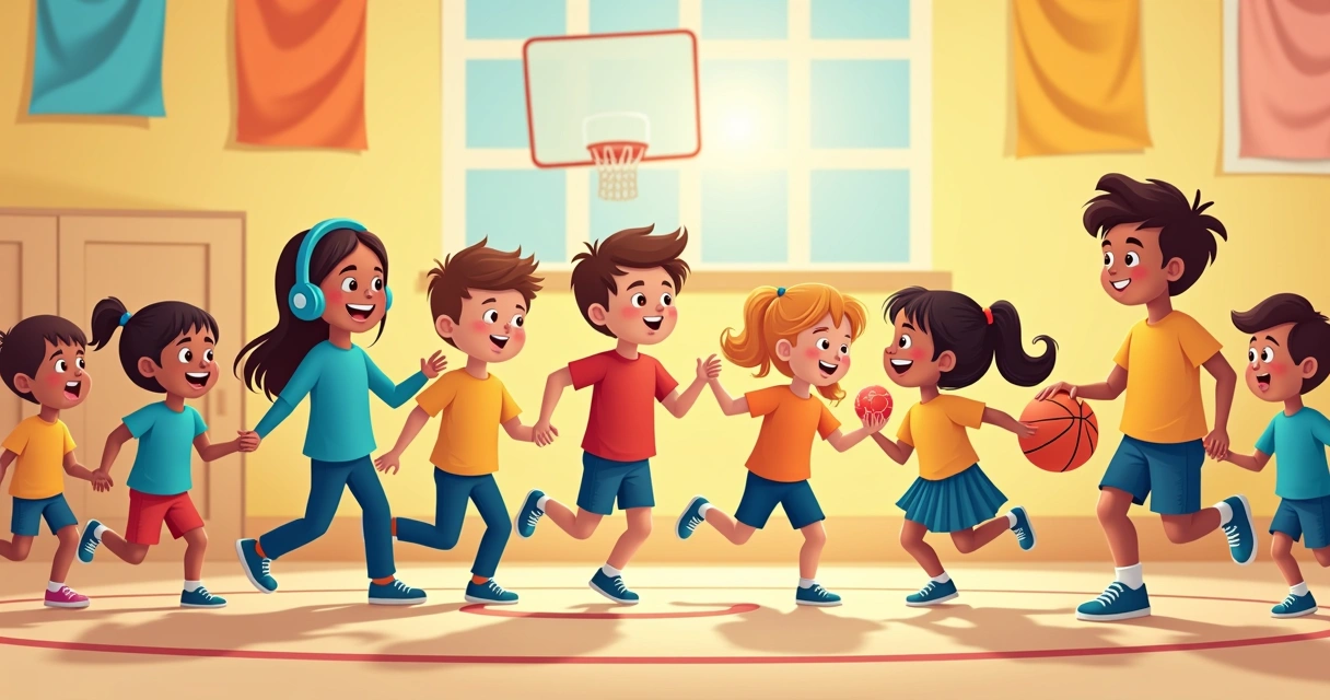 Crianças autistas e neurotípicas brincando em uma quadra com bola colorida 