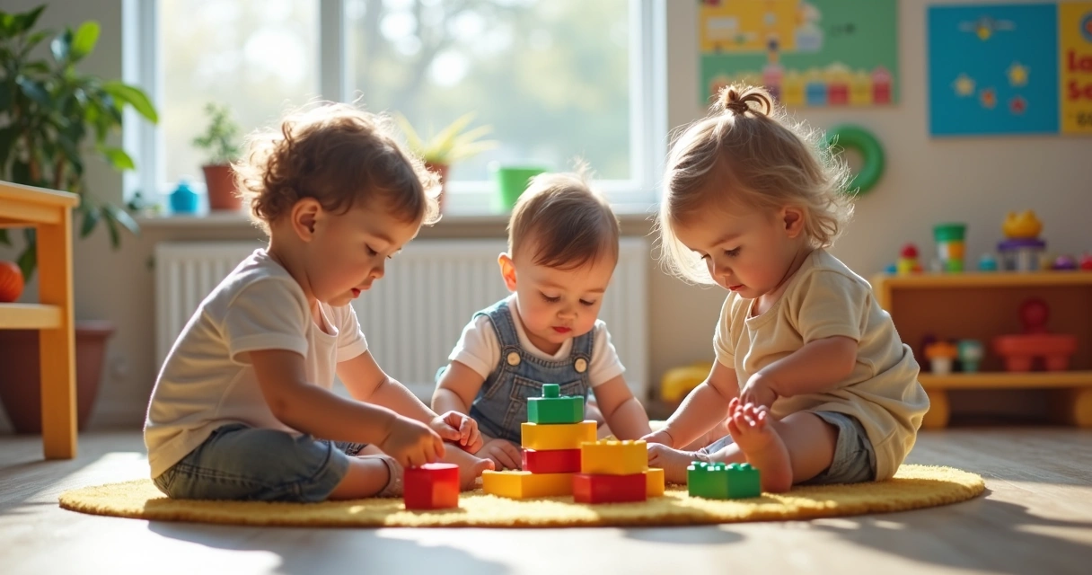 Crianças pequenas brincando juntas em creche com brinquedos coloridos 