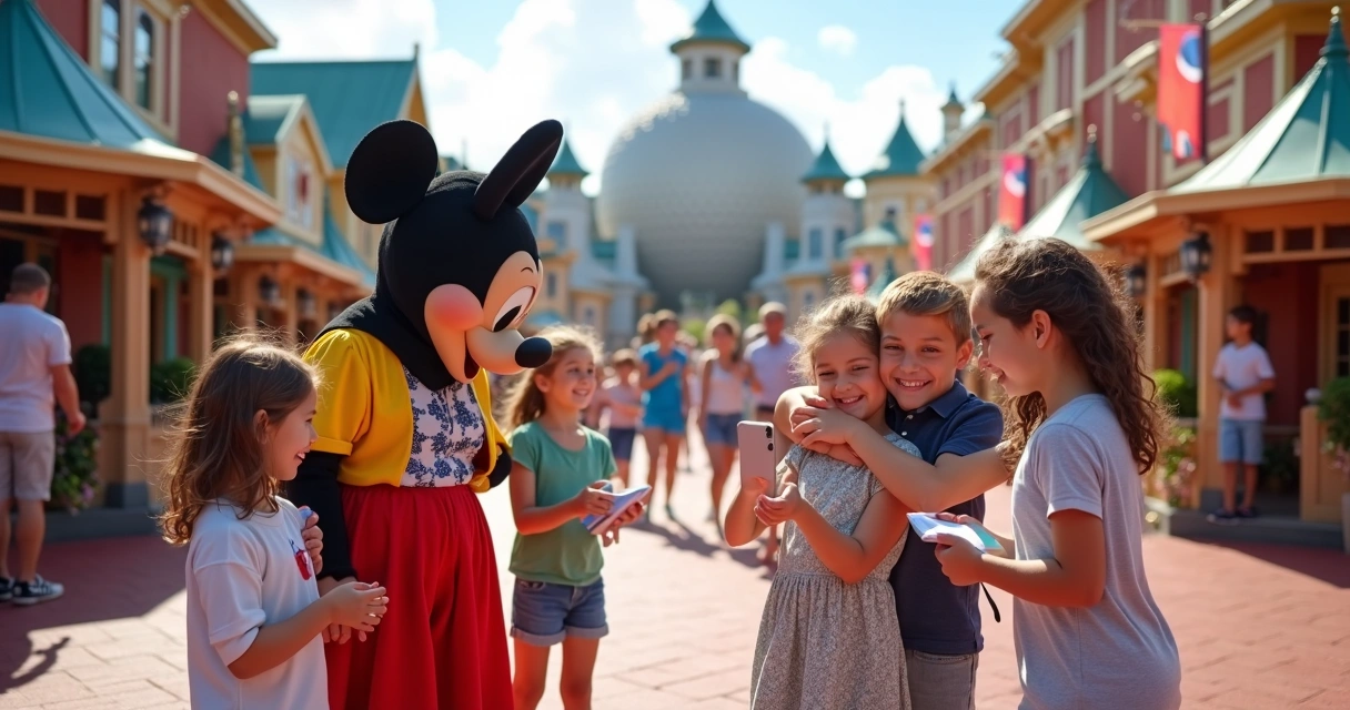 Crianças interagindo com personagens em área colorida do Epcot 