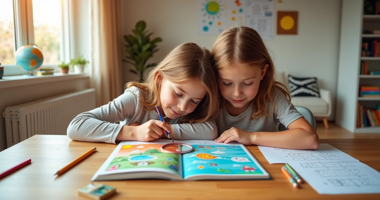 Crianças investigando livro cristão sobre a criação com lupa em mesa colorida 