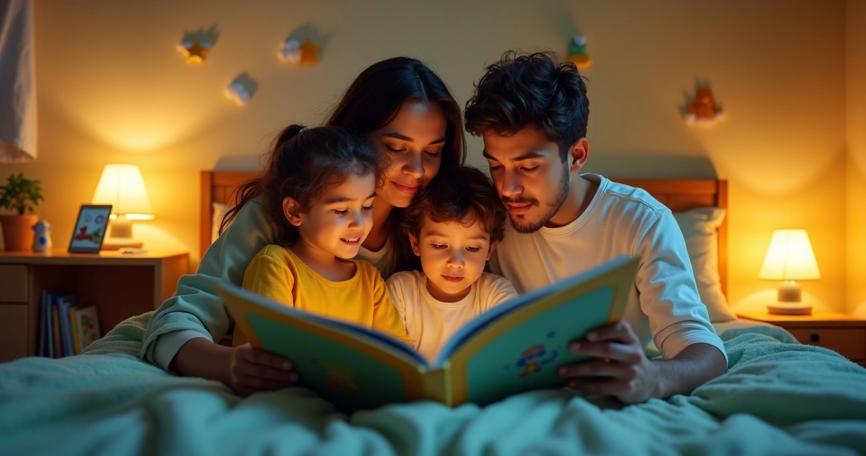 Pais lendo história para dois irmãos na cama antes de dormir 