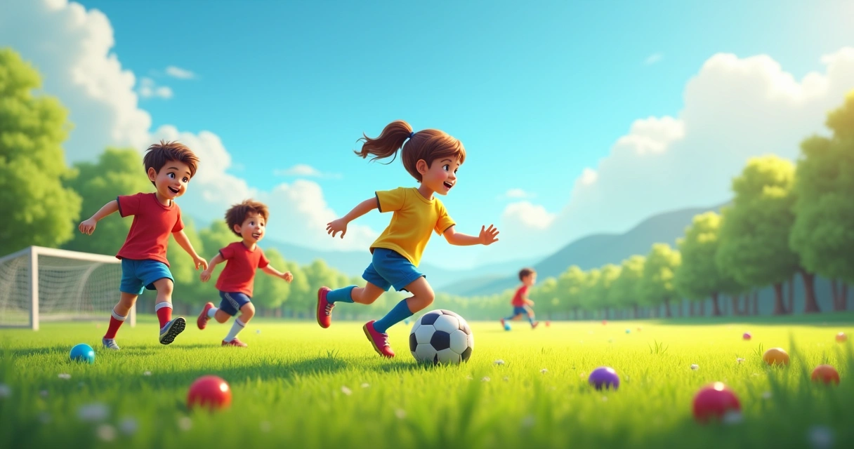 Crianças jogando futebol em campo verde sob luz natural, com gol e bolas coloridas visíveis 