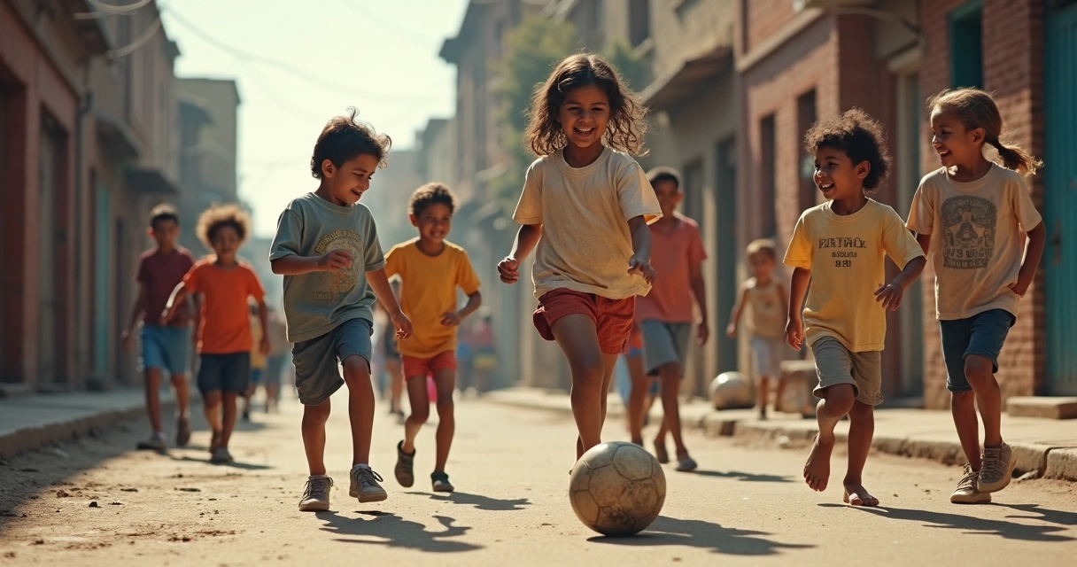 Crianças jogando futebol na rua em bairro urbano americano 