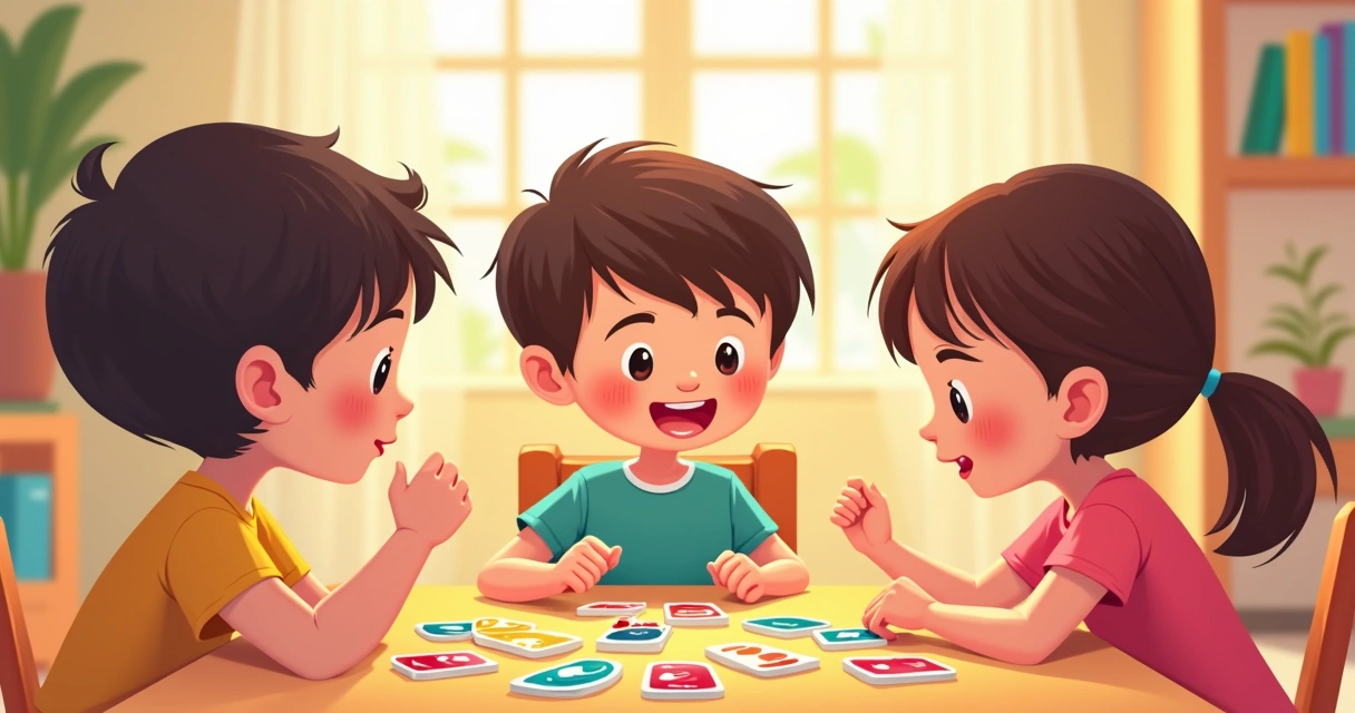 Crianças jogando Uno em uma mesa colorida, cartas espalhadas e sorrisos