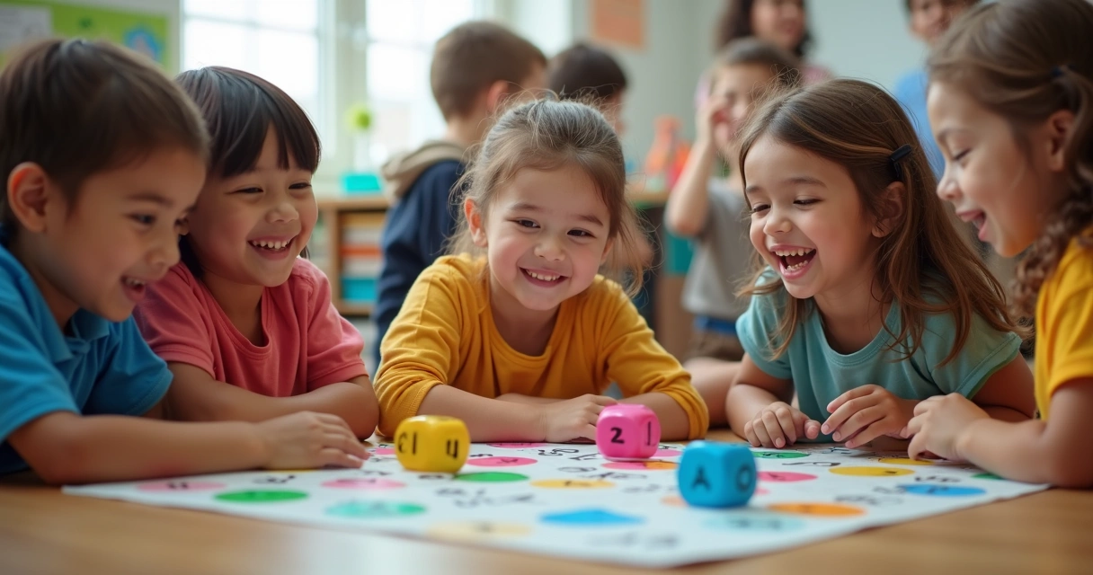 Crianças jogando jogo de matemática no tapete da sala 