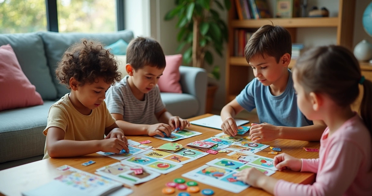 Crianças de 6 a 12 anos jogando jogos educativos em sala de estar colorida 