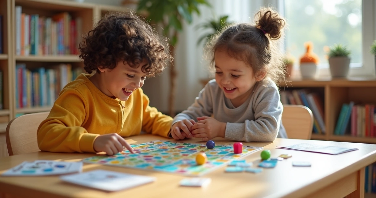Crianças jogando jogo de tabuleiro educativo em mesa de madeira 