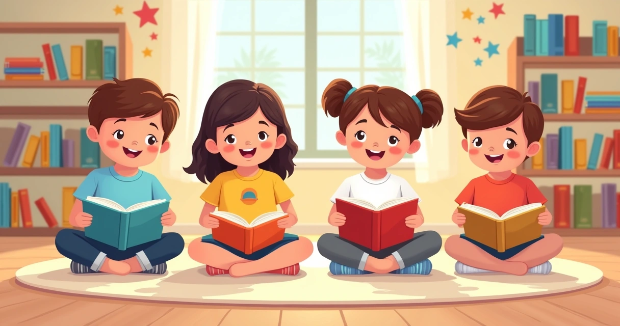 Crianças com camisetas coloridas lendo livros em sala decorada