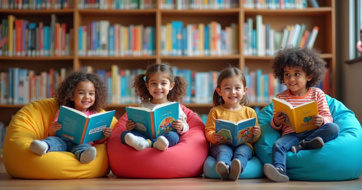 Crianças sentadas em ambiente escolar lendo livros em português e inglês 