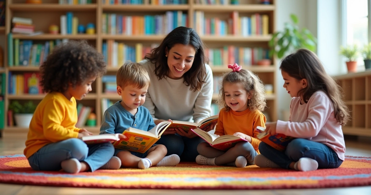 Crianças sentadas lendo livros de contos 