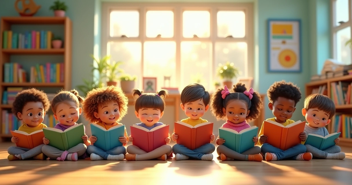 Crianças sentadas no chão de sala de aula lendo livros 