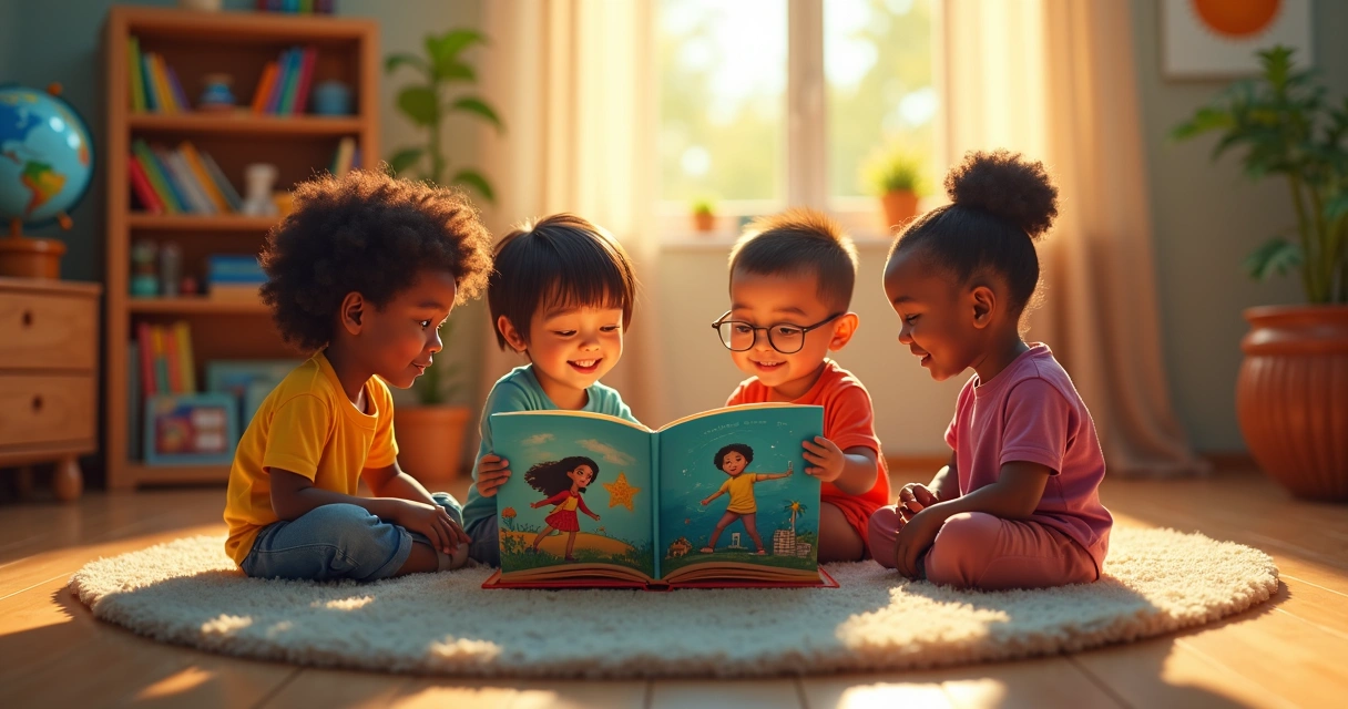 Crianças diversas lendo juntas um livro ilustrado 