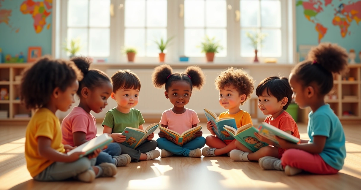 Crianças sentadas em círculo lendo livros ilustrados diferentes 
