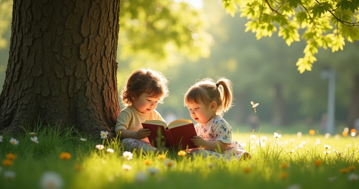 Duas crianças lendo livros sentadas sob uma árvore em um parque 