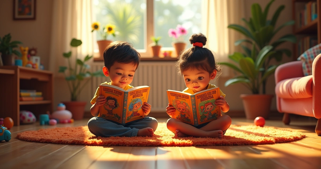 Crianças lendo revistas da Turma da Mônica sentadas em uma sala de estar