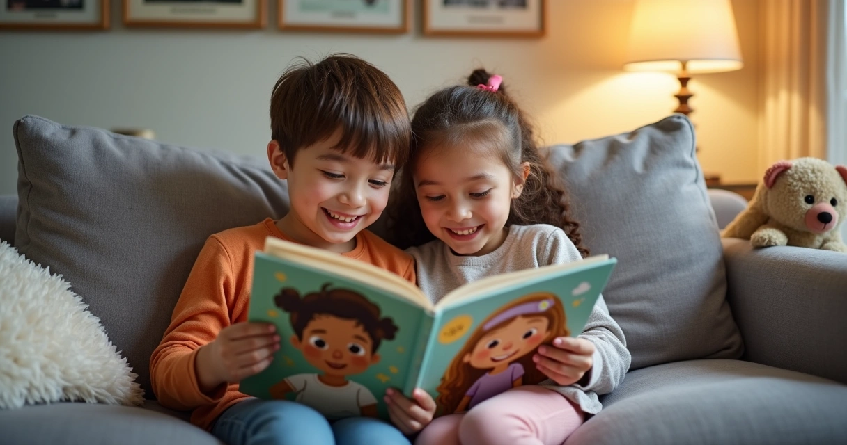 Crianças lendo livro personalizado no sofá 