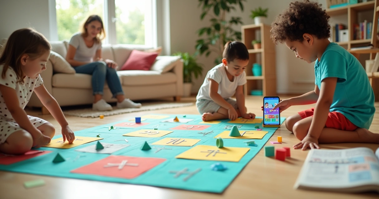 Crianças de 6 a 12 anos explorando números gigantes em tabuleiro de matemática no chão 