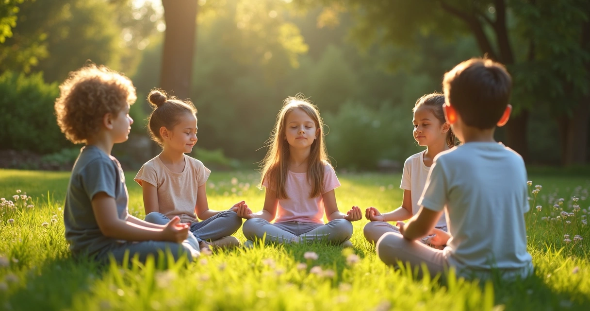 Crianças sentadas em círculo fazendo meditação em meio a jardim 