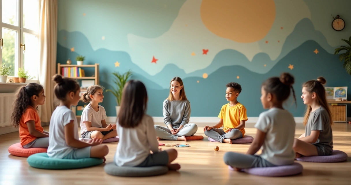 Crianças sentadas em círculo meditando com instrutora em sala iluminada e colorida 