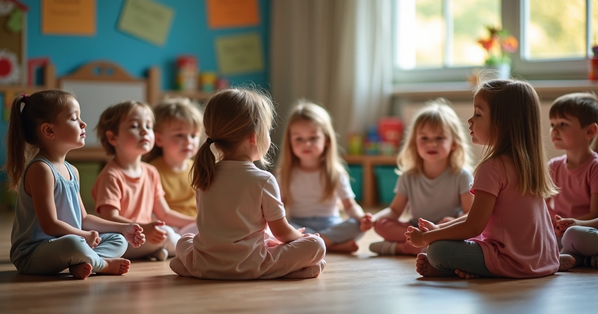 Crianças sentadas em círculo, olhos fechados, mãos dadas, ambiente escolar com decoração colorida 