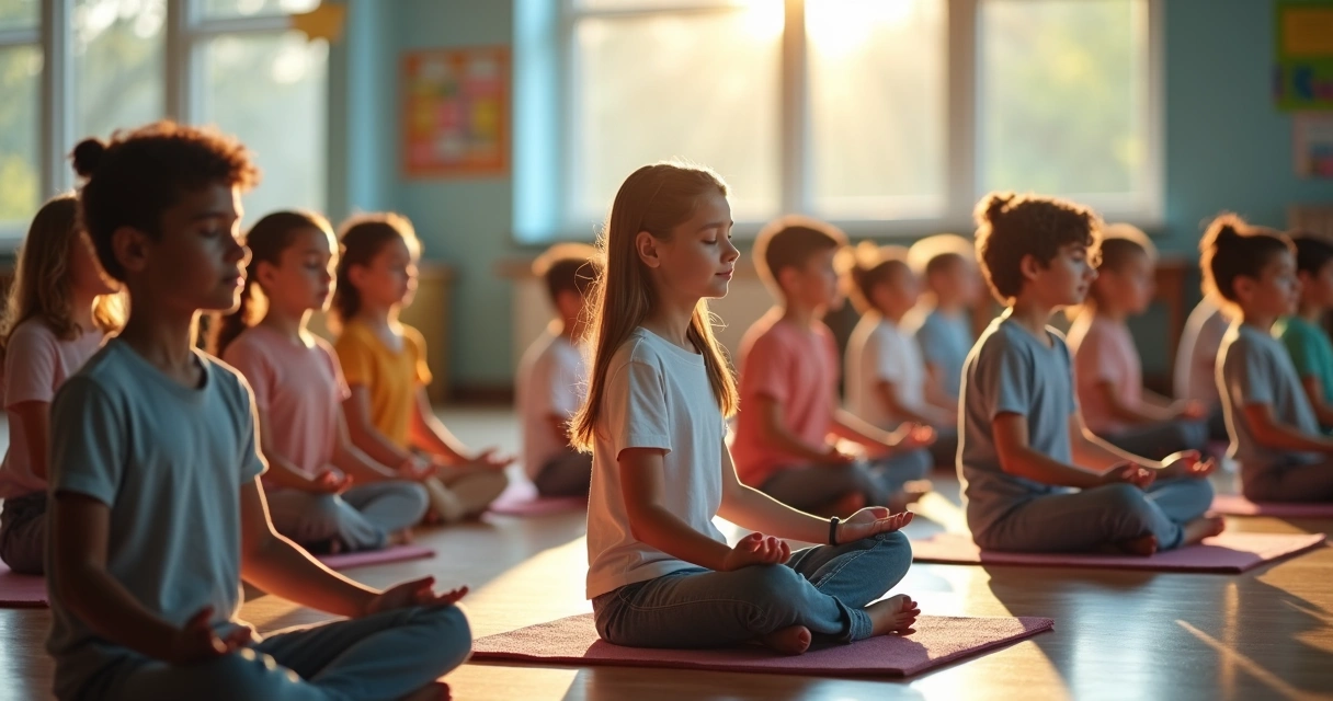 Alunos sentados em fileiras de almofadas praticando meditação guiada na escola