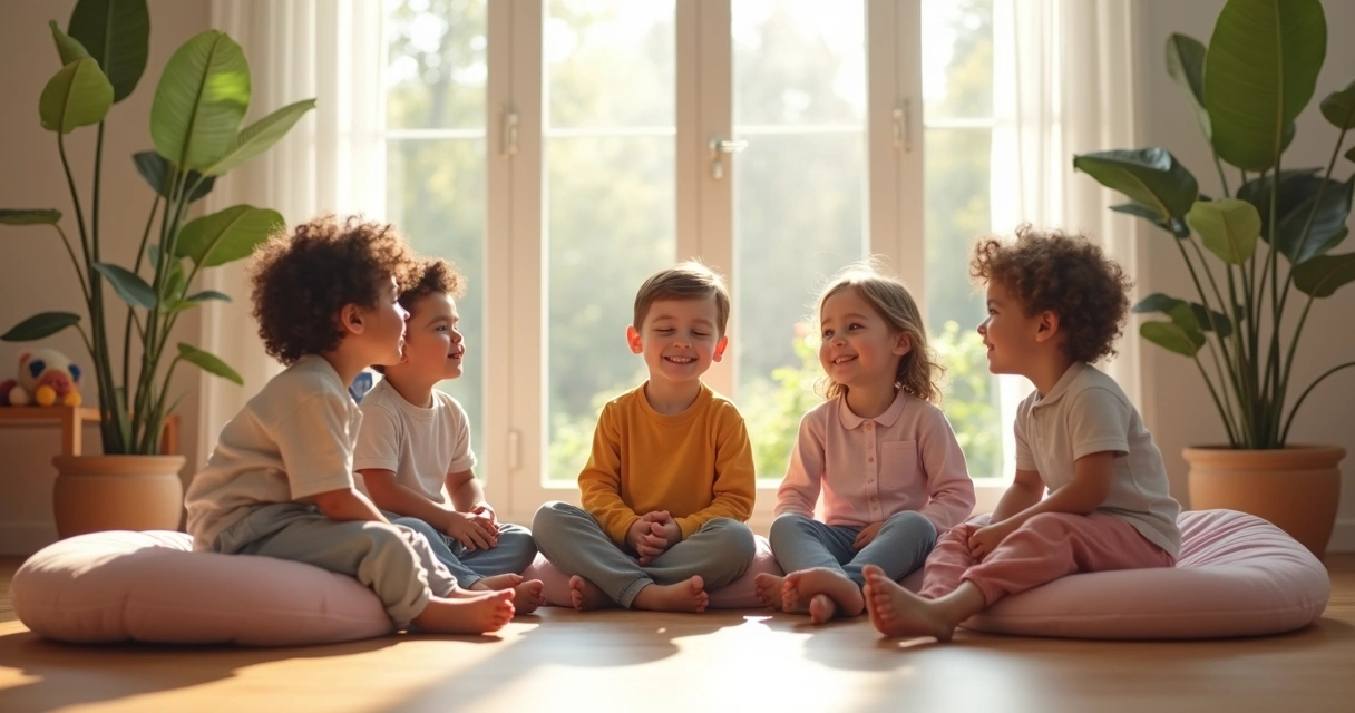 Crianças sentadas em círculo, olhos fechados, praticando meditação 