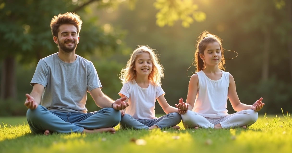 Crianças sentadas com familiares meditando ao ar livre