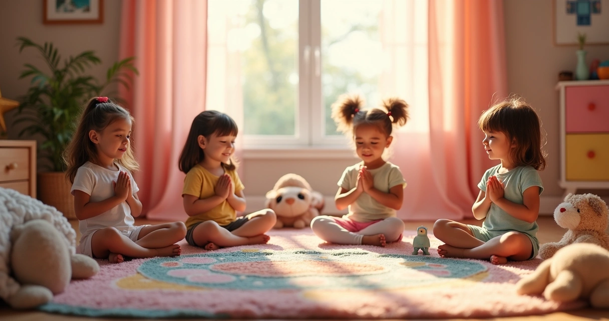 Crianças sentadas em círculo de pernas cruzadas no quarto, sorrindo, recitando mantras 