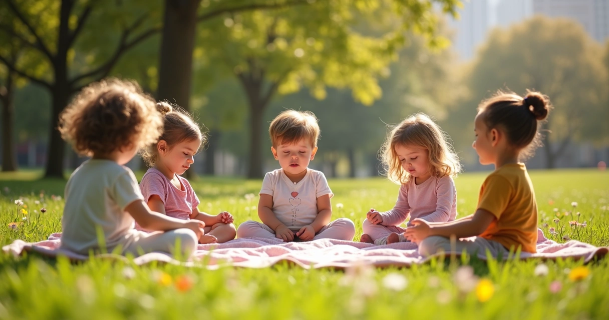 Crianças sentadas em roda meditando em parque colorido ao ar livre 