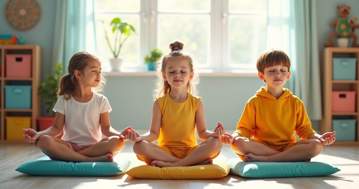 Crianças sentadas cruzadas em almofadas praticando meditação em um quarto de brinquedos coloridos