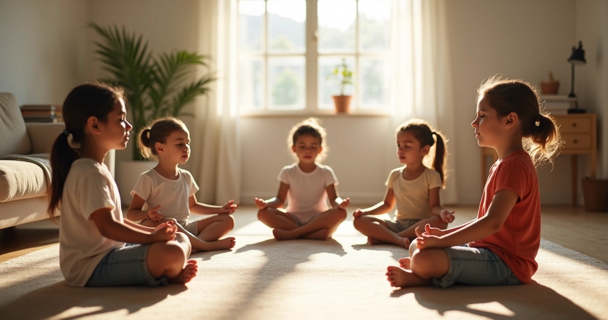 Crianças sentadas em círculo meditando em uma sala iluminada 