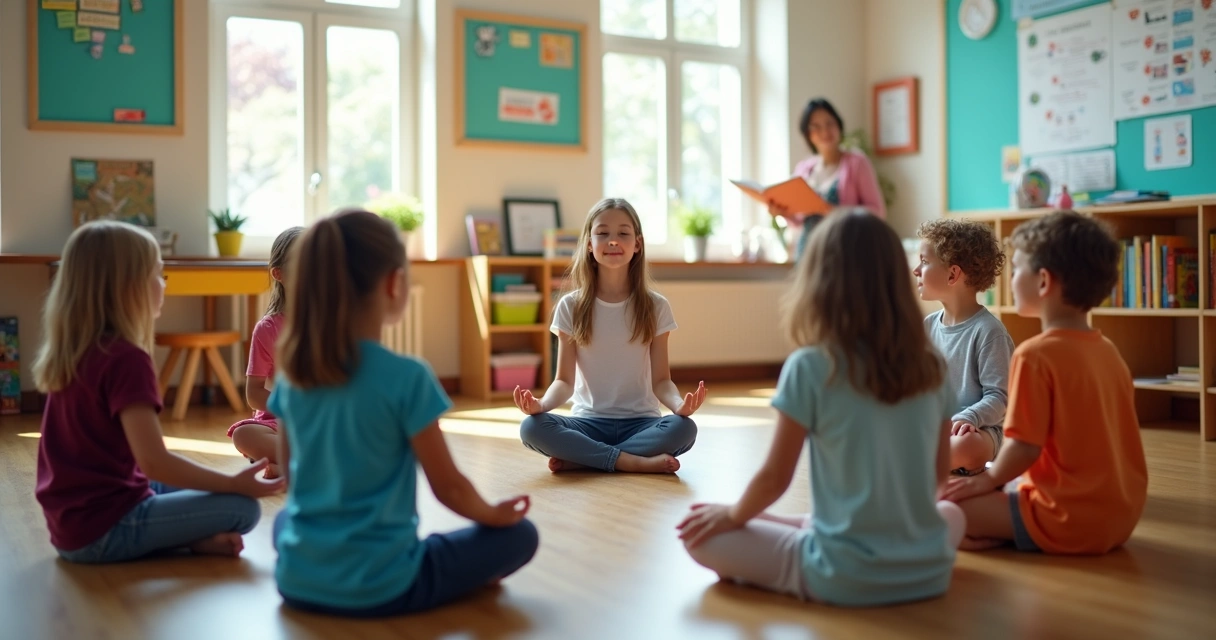 Crianças sentadas em círculo fazendo meditação na sala de aula. 
