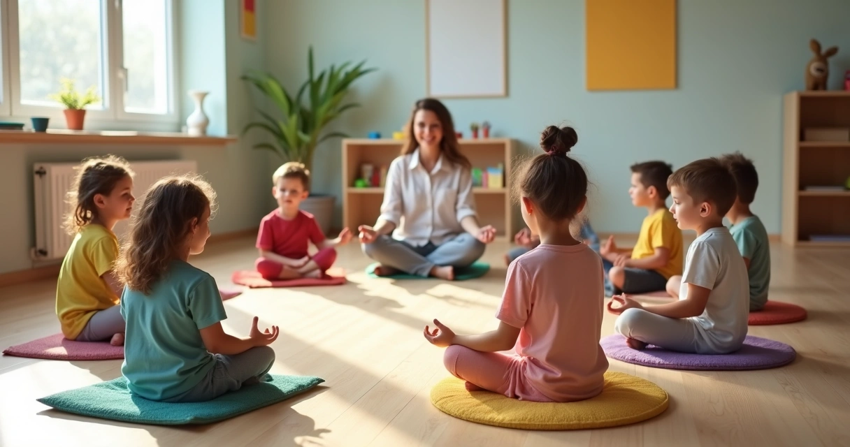 Crianças sentadas em círculo meditando em uma sala de aula clara 