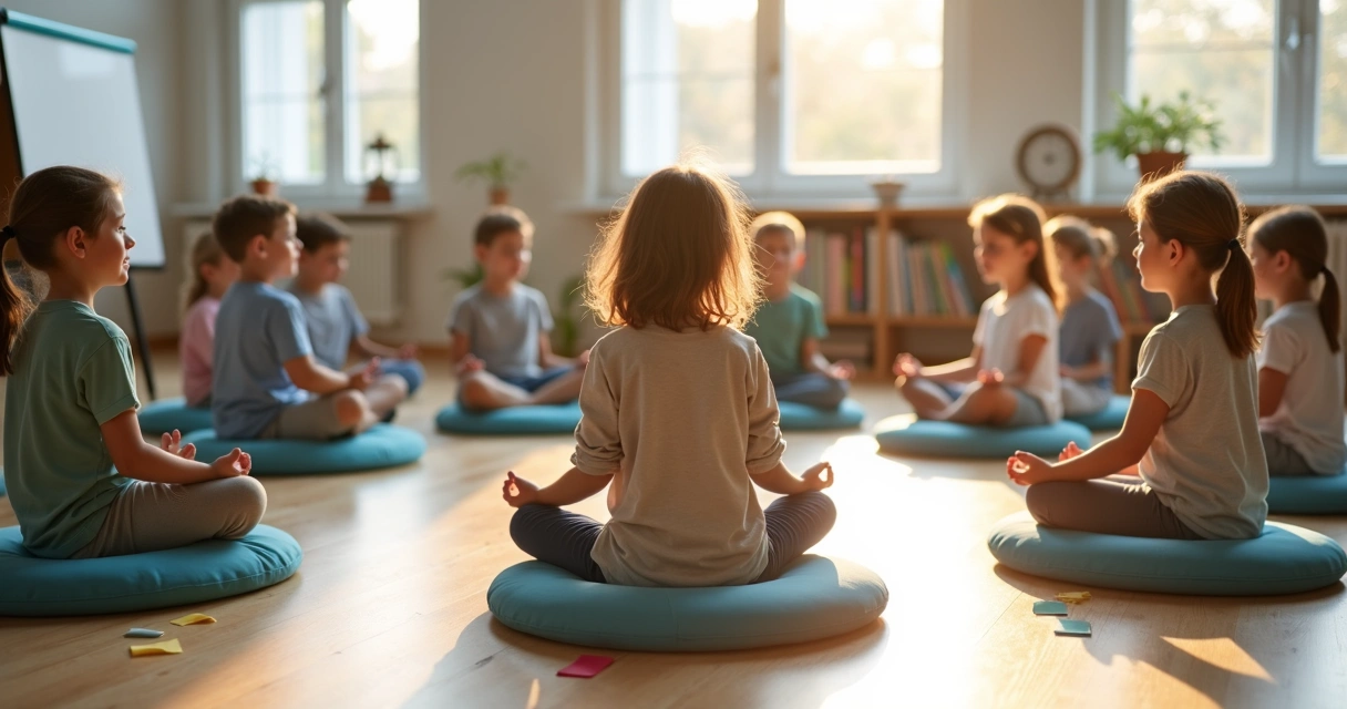 Crianças sentadas em círculo meditando em sala de aula iluminada 