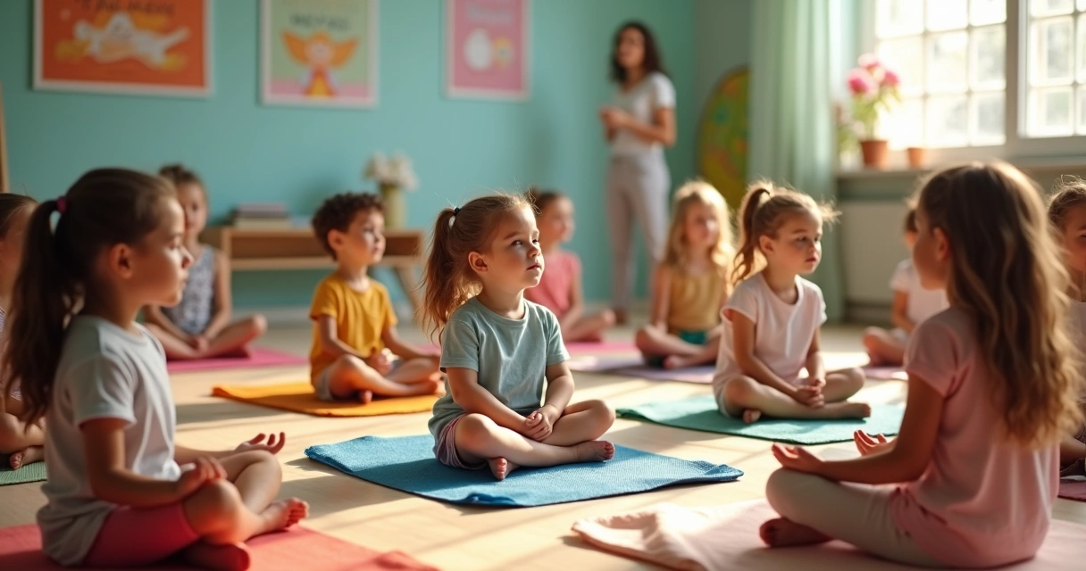 Crianças sentadas em roda praticando meditação em sala de aula 