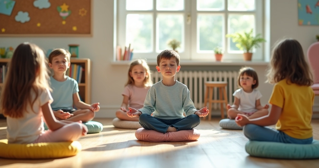 Crianças pequenas meditando sentadas em roda em uma sala colorida 