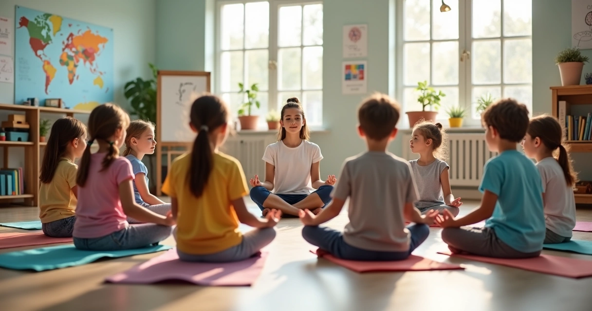 Crianças sentadas em círculo praticando meditação em sala de aula clara 