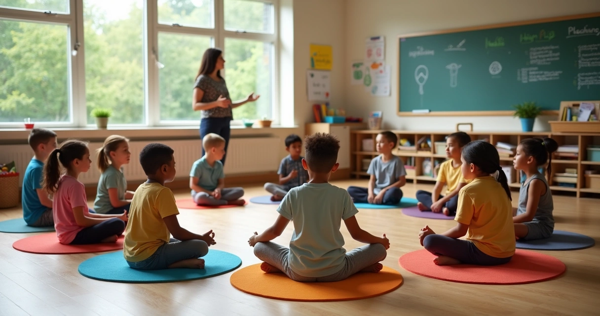 Alunos sentados em roda praticando meditação em sala de aula 