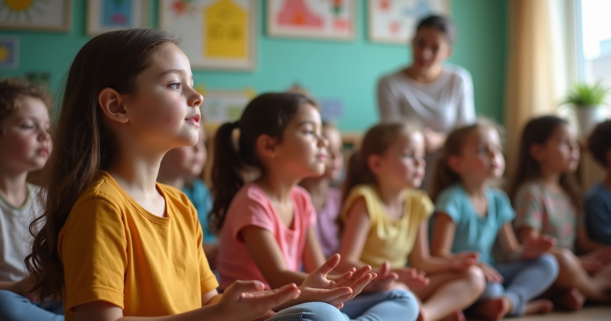 Crianças sentadas em círculo em sala de aula, olhos fechados, praticando respiração guiada, com luz suave e ambiente acolhedor. 
