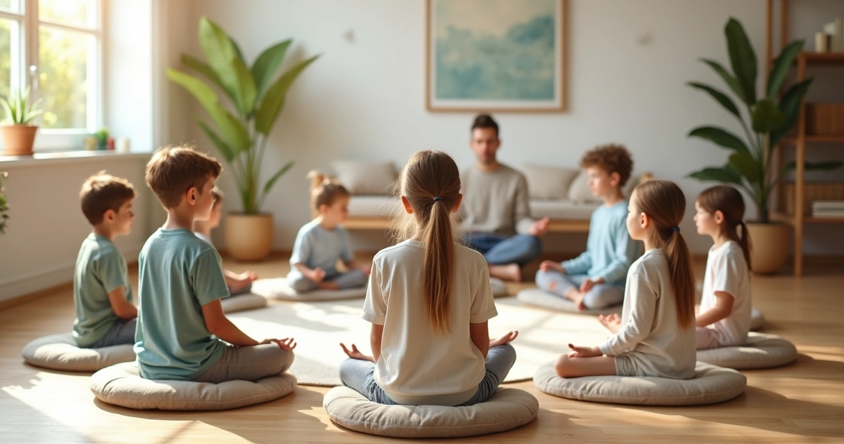 Crianças sentadas em círculo meditando em sala clara com luz natural 